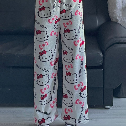 Halloween Sanrio Hello Kitty Pajama Pants Anime Fleece Double Elastic Fabric Soft Trousers Women Trousers Kawaii Birthday Gift